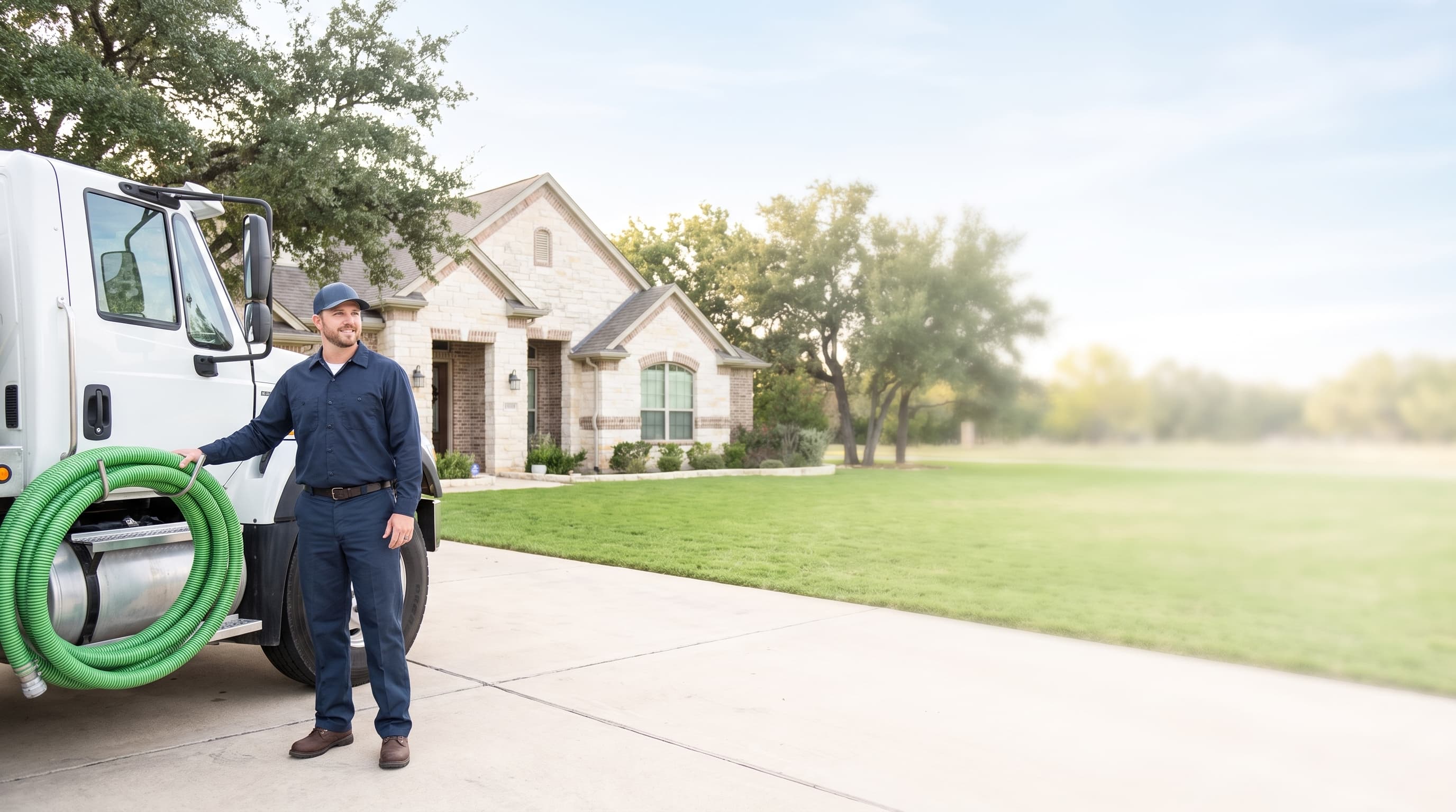 Septic Squad technician and vacuum truck serving a Driftwood, Texas property